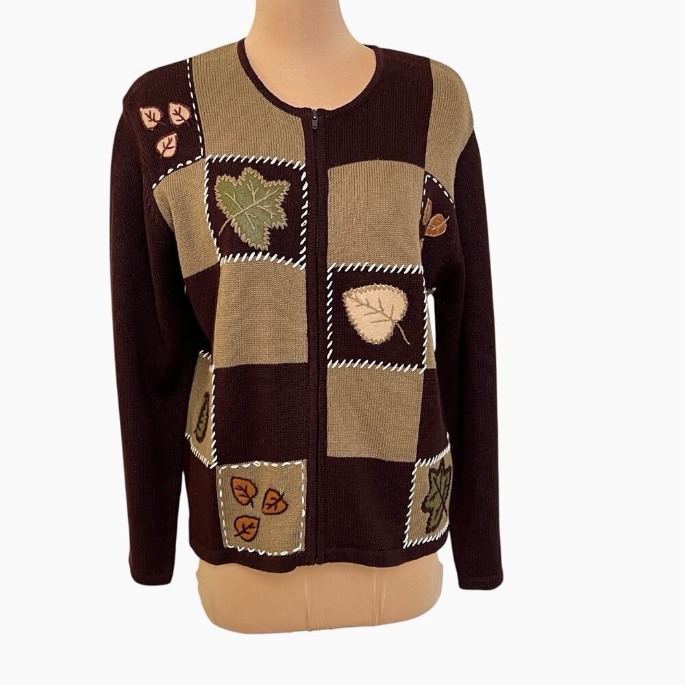 Joan Leslie Sweater Size Large Brown Applique Leaves Zip Cardigan Patchwork Vtg